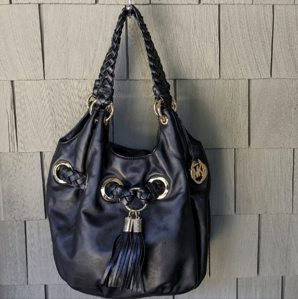 Michael Kors Black Tassels Handbag Grommet Gold Hardware Braided Shoulder Strap